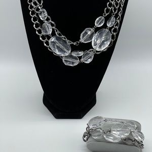 Gunmetal Curb Link and Clear Crystal 3 Strand Necklace and 3 Strand Bracelet Set